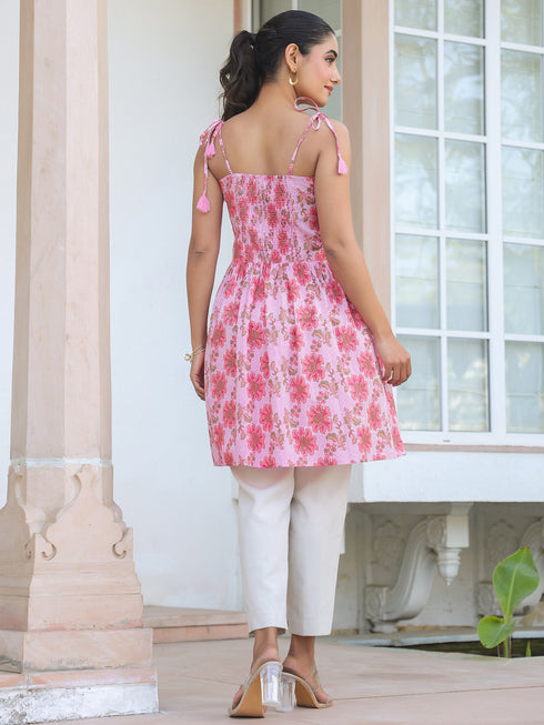 Pink Pure Cotton Floral Printed A-line Tunic